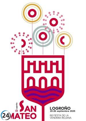 Logroño celebra San Mateo 2025 con un escudo que se transforma en copa de vino y fuegos artificiales.