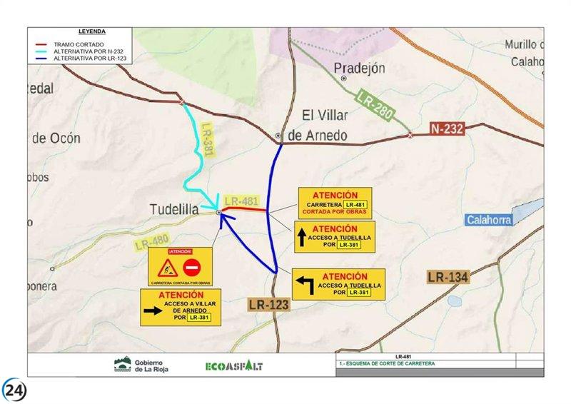 Cierre total de la LR-481 en Tudelilla por reformas desde lunes hasta viernes.