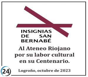 El Ateneo Riojano de Logroño recibe prestigioso reconocimiento de las Insignias de San Bernabé 2023.